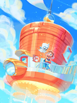 Rule 34 | 1boy, :d, big nose, blue eyes, blue overalls, blue sky, brown hair, brown shoes, cappy (mario), cloud, contrapposto, creature, crossed arms, day, facial hair, flag, hat, highres, long sleeves, looking at another, mario, mario (series), monyorun, mustache, nintendo, no headwear, odyssey (super mario odyssey), open mouth, outdoors, overalls, red eyes, red shirt, shirt, shoes, short hair, sideburns, sky, smile, sparkle, standing, super mario odyssey, top hat, twitter username, white hat