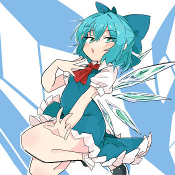 1girl ascot black_shoes blue_bow blue_dress blue_eyes blue_hair blush bow cirno collared_shirt commentary_request covered_navel detached_wings dress frilled_dress frills hair_bow highres ice ice_wings leg_up looking_at_viewer open_mouth pinafore_dress puffy_short_sleeves puffy_sleeves red_ascot shirt shoes short_sleeves sleeveless sleeveless_dress socks solo tatutaniyuuto touhou white_shirt white_socks wings