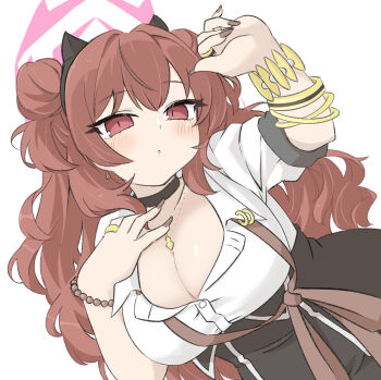 1girl :o arm_up bangle bead_bracelet beads black_choker black_skirt blue_archive blush bracelet breasts brown_eyes brown_hair brown_nails choker cleavage collarbone collared_shirt double_bun dress_shirt fingernails gyaru hair_between_eyes hair_bun halo high-waist_skirt horns jewelry kirara_(blue_archive) large_breasts long_fingernails long_hair looking_at_viewer miranofuudoria nail_polish parted_lips school_uniform shirt simple_background skirt solo very_long_hair white_background white_shirt