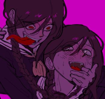 behind_another black_shirt braid commentary_request crazy_smile crying crying_with_eyes_open danganronpa:_trigger_happy_havoc danganronpa_(series) dual_persona finger_in_another&#039;s_mouth forced_smile fukawa_toko furrowed_brow genocider_shou glasses hair_over_shoulder hamuseutta hand_on_another&#039;s_chin highres korean_commentary long_hair long_sleeves looking_at_another looking_back low_twin_braids mole mole_under_mouth neckerchief open_mouth pink_background pink_neckerchief red_eyes round_eyewear sailor_collar scared school_uniform serafuku shirt simple_background smile snot sweat tears tongue tongue_out twin_braids upper_body white_eyes white_sailor_collar