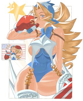 Rule 34 | > o, 1girl, blonde hair, boots, boxing gloves, breasts, chzzei, food, food in mouth, highres, justice gakuen, large breasts, long hair, one eye closed, popsicle, popsicle in mouth, shiritsu justice gakuen, solo, star-shaped pupils, star (symbol), sweat, symbol-shaped pupils, thigh boots, tiffany lords