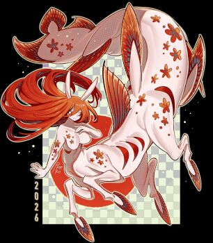 1girl 2026 absurdres breasts chinese_zodiac colored_sclera colored_skin commentary_request fins fish_girl fish_tail full_body gills highres long_hair looking_at_viewer medium_breasts monster_girl original pink_skin red_hair red_sclera ruteko_(ruko220) solo tail taur very_long_hair white_eyes year_of_the_horse