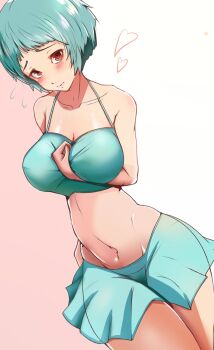 1girl ando_(takeminaieeru) aqua_bikini aqua_hair arm_between_breasts bare_shoulders between_breasts bikini bikini_skirt blush breasts brown_eyes closed_mouth heart highres large_breasts looking_at_viewer persona persona_3 short_hair simple_background stomach swimsuit yamagishi_fuuka