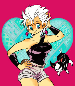 1girl anzumame breasts dog earrings genderswap genderswap_(mtf) iggy_(jojo) jean_pierre_polnareff jewelry jojo_no_kimyou_na_bouken large_breasts narrow_waist shorts white_hair