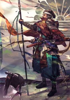 1boy 1girl armor black_hair black_shoes character_request copyright_notice curtains father_and_daughter folding_stool full_body hat japanese_armor kikumon male_focus mature_male official_art outdoors polearm ponytail sengoku_taisen shoes shoulder_armor so-taro sode spear standing weapon