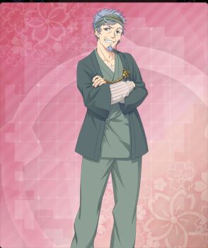 1boy aoto_youji beard blue_eyes crossed_arms facial_hair feet_out_of_frame floral_background game_cg green_haori green_headband green_kimono green_pants grey_hair grin haori headband japanese_clothes kimono long_sleeves looking_at_viewer male_focus official_art old old_man pants pink_background ribbed_shirt shirt smile solo sweater third-party_source toji_no_miko toji_no_miko:_kizamishi_issen_no_tomoshibi white_shirt white_sweater wrinkled_skin yukata