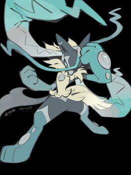 Rule 34 | aqua eyes, black background, bright pupils, commentary, dated, fighting stance, gen 4 pokemon, highres, lanjiujiu, legs apart, lucario, mega lucario z, nintendo, pokemon, pokemon (creature), pokemon focus, solo, standing, white pupils, yellow fur