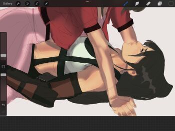 2girls aerith_gainsborough black_hair black_sports_bra closed_mouth commentary dress english_commentary final_fantasy final_fantasy_vii final_fantasy_vii_remake highres jacket lalafellss long_hair looking_at_another looking_up lying multiple_girls on_back out_of_frame pink_dress pink_hair red_jacket sports_bra suspenders tank_top tifa_lockhart unfinished white_tank_top yukadon yuri