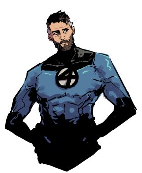 1boy beard blue_bodysuit bodysuit connected_beard facial_hair fantastic_four kjlbs looking_to_the_side male_focus marvel multicolored_bodysuit muscular reed_richards short_hair solo solo_focus superhero_costume two-tone_bodysuit upper_body