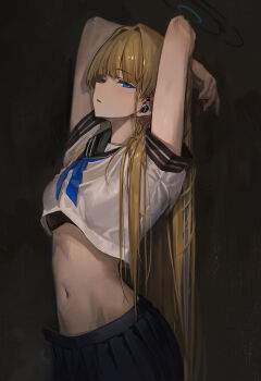 1girl absurdres alternate_costume arms_behind_head black_skirt blonde_hair blue_archive blue_eyes blue_halo blue_neckerchief blush breasts commentary earbuds earphones hair_between_eyes halo hidulume highres long_hair looking_at_viewer medium_breasts navel neckerchief open_clothes open_mouth open_skirt pleated_skirt school_uniform shirt short_sleeves sidelocks skirt solo toki_(blue_archive) white_shirt