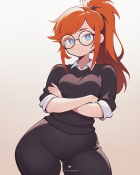 crossed_arms flipherrrr freckles glasses highres original ponytail red_hair siri_jay tagme