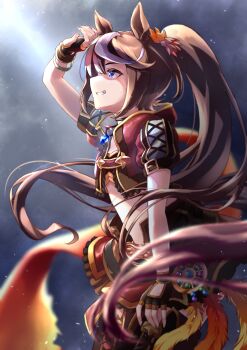 Rule 34 | 1girl, absurdres, animal ears, bandeau, blue eyes, breasts, brown bandeau, brown choker, brown gloves, brown hair, choker, commentary request, cropped jacket, fingerless gloves, gloves, hair between eyes, hand up, highres, horse ears, horse girl, horse tail, jacket, jewelry, long hair, midriff, multicolored hair, necklace, official alternate costume, open mouth, orange feathers, ponytail, red jacket, sazanka, short sleeves, skirt, small breasts, smile, solo, streaked hair, sweat, tail, teeth, tokai teio (beyond the horizon) (umamusume), tokai teio (umamusume), two-tone hair, umamusume, white hair