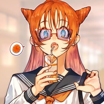 1girl bag black_sailor_collar blue_eyes blurry blurry_background chinese_commentary commentary_request cone_hair_bun double_bun drink drink_carton drinking drinking_straw eyelashes fangs food fruit grey_pupils hair_bun hallway holding holding_bag holding_drink indoors juice_box long_hair long_sleeves looking_at_viewer open_mouth orange_(fruit) orange_hair orange_slice original palms red-framed_eyewear sailor_collar school school_uniform serafuku shirt solo sparkle spoken_food straight-on straight_hair sunglasses tareme teeth upper_body white_shirt xin_(xinxxxnix)