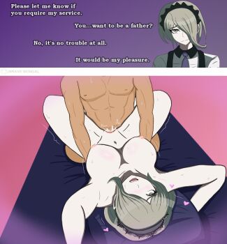 1boy 1girl armpits arms_up artist_logo artist_name bare_arms bare_legs bare_pectorals stomach bed bed_sheet beige_hair black_collar black_headdress black_headwear blue_sheet blush bravebengal breasts cleavage closed_mouth collar collarbone collared_shirt completely_nude cum cum_in_pussy danganronpa_(series) danganronpa_v3:_killing_harmony dark-skinned_male dark_skin ears english_text faceless faceless_male feet_out_of_frame full_body gradient_background green_eyes hair_over_one_eye headdress heart heart-shaped_pupils hetero highres impregnation kneeling large_breasts leg_lock logo long_sleeves looking_at_viewer looking_up lying maid medium_hair motion_lines navel necktie nipples nose nude offscreen_person on_back one_eye_covered open_mouth pale_skin parted_bangs parted_hair pectorals penis pink_background purple_background purple_necktie pussy requesting_impregnation service sex shiny_skin shirt signature simple_background speech_bubble spread_legs sweat sweatdrop symbol-shaped_pupils tan teeth thighs tojo_kirumi upper_teeth_only watermark white_shirt