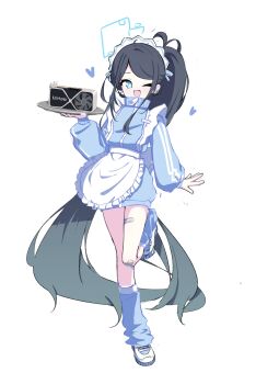 1girl 525_woiwo :d absurdly_long_hair absurdres ahoge alternate_costume apron aris_(blue_archive) aris_(maid)_(blue_archive) back_bow bandaid bandaid_on_knee bandaid_on_leg bandaid_on_thigh black_hair blue_archive blue_eyes blue_hair blue_halo blue_jacket blue_socks bow enmaided frilled_apron frills full_body geforce_rtx_4090 gradient_hair graphics_card halo heart high_ponytail highres holding holding_tray jacket jersey_maid kneehighs long_hair loose_socks maid maid_apron maid_headdress multicolored_hair nvidia one_eye_closed open_mouth ponytail rectangular_halo shoes simple_background smile sneakers socks solo standing tenshi_kaiwai track_jacket tray unconventional_maid very_long_hair waist_apron white_background white_bow white_shoes