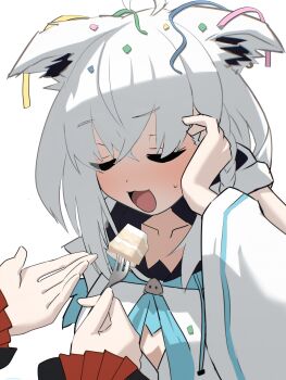 :3 ahoge animal_ears blush braid closed_eyes clothing_cutout collarbone commentary_request detached_sleeves dot_nose food fox_ears fox_girl hair_between_eyes highres holding holding_spoon hololive long_sleeves numzawa ookami_mio ookami_mio_(1st_costume) open_mouth shirakami_fubuki shirakami_fubuki_(1st_costume) simple_background single_braid spoon sweatdrop virtual_youtuber white_hair wide_sleeves wolf_girl