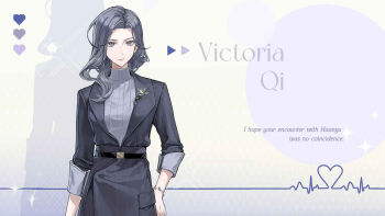 belt black_belt blue_background bracelet cardiogram character_name commentary drop_shadow english_commentary english_text expressionless formal_clothes grey_eyes grey_hair grey_sweater heart highres jewelry long_hair looking_at_viewer love_curse:_find_your_soulmate mole mole_under_eye official_art pale_skin solo sweater upper_body victoria_qi