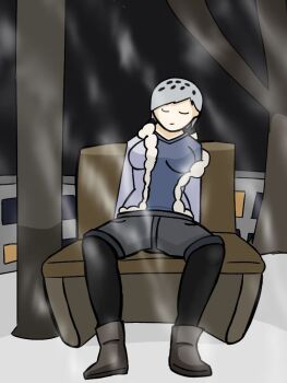 bench boots braid flashlight jacket night on_bench original pantyhose short_hair shorts sleeping snow