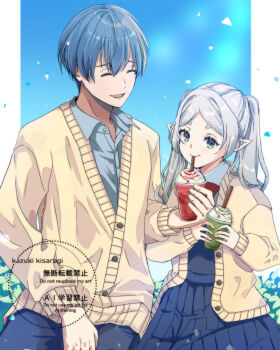 1boy 1girl blue_background blue_dress blue_hair blue_pants blue_shirt border bow bowtie cardigan closed_eyes collared_shirt commentary_request cup disposable_cup dress drinking elf frieren green_eyes grey_hair hair_between_eyes highres himmel_(sousou_no_frieren) holding holding_cup kizuka2020 laughing long_hair mole mole_under_eye open_mouth pants parted_bangs pointy_ears red_bow red_bowtie shirt short_hair smile sousou_no_frieren twintails white_border yellow_cardigan