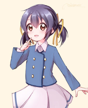 Rule 34 | 1girl, artist request, blue hair, blue shirt, clannad, hair between eyes, hair ribbon, highres, key (company), long hair, long sleeves, looking at viewer, open mouth, pleated skirt, shirt, skirt, smile, sunohara mei, twintails, white skirt, yellow eyes