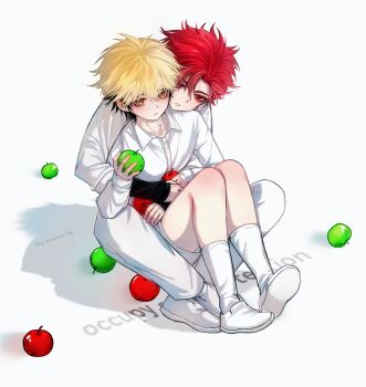 2boys aged_down apple bandaid bandaid_on_neck black_hair blonde_hair blush boots child chinese_commentary closed_mouth collared_shirt english_text food fruit full_body green_apple highres holding holding_food holding_fruit hug hug_from_behind long_sleeves male_focus multicolored_hair multiple_boys orange_eyes pants red_eyes red_hair shiguang_dailiren shirt shoes short_hair shorts simple_background sitting sitting_on_lap sitting_on_person socks two-tone_hair wantonsi white_background white_pants white_shirt white_shoes white_shorts white_socks xia_fei xiao_weiying yaoi