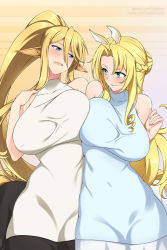 2girls :d alternate_costume animal_ears bare_shoulders black_skirt blonde_hair blue_dress blue_eyes braid breast_press breasts centaur centorea_shianus commentary covered_collarbone covered_erect_nipples covered_navel cowboy_shot crossover dress english_commentary eye_contact french_braid hair_between_eyes hair_bun hand_up horse_ears large_breasts lindaroze long_hair long_skirt looking_at_another monster_girl monster_musume_no_iru_nichijou monster_musume_no_oisha-san multiple_girls multiple_legs open_mouth parted_bangs parted_lips patreon_username pointy_ears ponytail side-by-side sidelocks signature simple_background single_hair_bun skirt sleeveless sleeveless_dress smile standing taur taut_clothes taut_dress tisalia_scythia trait_connection twitter_username very_long_hair watermark web_address white_dress white_skirt