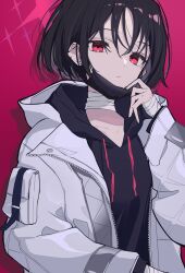 Rule 34 | 1girl, bandaged neck, bandages, black hair, black hoodie, black mask, blue archive, closed mouth, coat, collarbone, commentary request, earrings, expressionless, haku (yanhaku), halo, head tilt, highres, hood, hoodie, jewelry, long sleeves, looking at viewer, mask, mask pull, medium hair, misaki (blue archive), mouth mask, red background, red halo, sidelocks, simple background, sleeves past wrists, solo, upper body, white coat, wide sleeves
