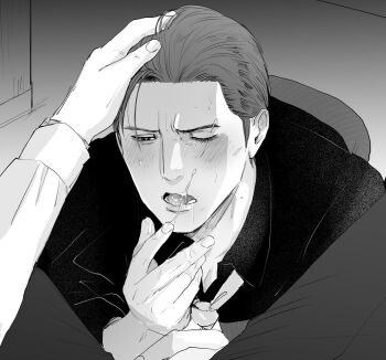 2boys after_fellatio ahoge between_legs blush commentary_request cum cum_in_mouth cum_on_body cum_on_hands dojima_daigo facial hair_slicked_back heart heart-shaped_pupils male_focus mine_yoshitaka multiple_boys necktie no_jacket pov pov_crotch ryuu_ga_gotoku_(series) ryuu_ga_gotoku_3 symbol-shaped_pupils tyag53 wince wiping_mouth yaoi