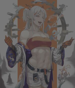 1girl abs arknights arm_tattoo bad_thumbnail bandeau bead_bracelet beads bracelet breasts colored_skin commentary cowboy_shot dragon_girl dragon_horns dragon_tail earrings english_commentary fangs fire flame-tipped_tail grey_hair highres horns jacket jewelry long_sleeves looking_at_viewer medium_hair midriff mixed-language_commentary multicolored_hair navel nian_(arknights) nose off_shoulder open_clothes open_jacket pink_eyes pointy_ears ponytail red_bandeau red_hair red_skin rock shorts small_breasts solo streaked_hair superficialmoth tail tassel tassel_earrings tattoo tongue tongue_out white_jacket white_shorts