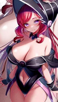 1girl artist_request bare_hips bare_shoulders breasts cleavage clothing_cutout dark_magician_girl detached_sleeves hat huge_breasts indie_virtual_youtuber large_breasts navel_cutout pentagram purple_eyes red_hair saiiren thick_thighs thighs virtual_youtuber witch_hat yu-gi-oh!