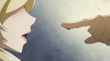 10s 1girl animated animated_gif blonde_hair blood blush fang horn_skuld lowres owari_no_seraph red_eyes tongue vampire