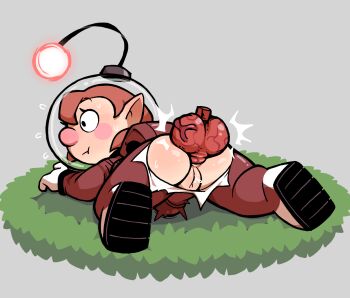 1girl 1other anal animal_penis ass bestiality bodysuit brown_hair bulge deep_penetration gummuru huge_penis knotted_penis knotting looking_back lying medium_hair nintendo oatchi_(pikmin) penis pikmin_(series) pikmin_4 pussy stomach_bulge surprised sweat torn_bodysuit torn_clothes