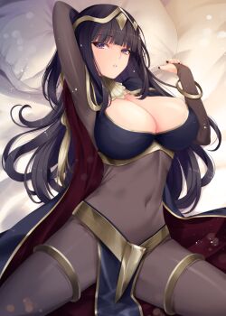 1girl arm_behind_head armpits arms_up bed bed_sheet black_cape black_hair blunt_bangs bodystocking book bracelet breasts bridal_gauntlets cape circlet cleavage closed_mouth commentary_request covered_navel cowboy_shot fire_emblem fire_emblem_awakening jewelry kirishima_satoshi large_breasts long_hair looking_at_viewer lying neck_ring nintendo on_back on_bed paid_reward_available parted_lips pelvic_curtain pillow pillow_grab purple_eyes red_cape revision shadow sidelocks solo tharja_(fire_emblem) thighlet thighs two-sided_cape two-sided_fabric two-tone_cape two_side_up