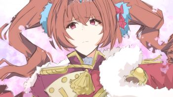 1girl absurdres aiguillette brown_hair close-up closed_mouth cosplay daiwa_scarlet_(umamusume) epaulettes frostfiresoul fur-trimmed_jacket fur_trim hair_between_eyes hanayagi_kaoruko hanayagi_kaoruko_(cosplay) highres horse_girl jacket jacket_on_shoulders long_hair looking_at_viewer red_eyes red_sash sash shoujo_kageki_revue_starlight shoulder_sash single_stripe solo tiara twintails umamusume very_long_hair