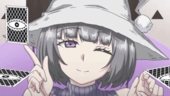 animated animated_gif anime_screenshot blunt_bangs blunt_ends blush bob_cut floating floating_card floating_object grey_hair hat hetero lowres magic magical_mojikawa majo_wa_kekkyoku_sono_kyaku_to..._the_animation one_eye_closed purple_eyes sleeveless sleeveless_sweater sweater tagme turtleneck turtleneck_sweater wink witch witch_hat