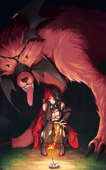 1girl ass bare_shoulders beeeeen bodysuit breasts brown_bodysuit brunhild_(last_origin) commentary_request cooking detached_sleeves drooling elbow_gloves fingerless_gloves fire fire full_body garmr_(last_origin) gloves grass head_rest high_heels highres huge_breasts knees_together_feet_apart last_origin long_hair mouth_drool one_eye_covered outdoors pyrokinesis red_hair slit_pupils solo squatting thighs tongue tongue_out torn_bodysuit torn_clothes torn_legwear very_long_hair wolf yellow_eyes