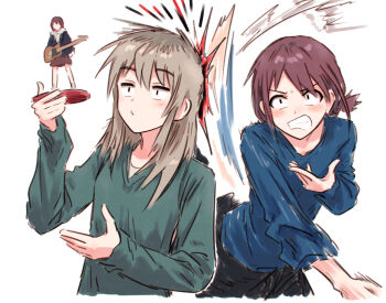 2girls angry blue_shirt blush brown_hair clenched_teeth figure girls_band_cry green_sweater grey_hair highres hitting holding_figure iseri_nina kawaragi_momoka long_hair long_sleeves low_twintails multicolored_hair multiple_girls purple_eyes roots_(hair) shirt short_hair short_twintails sidelocks simple_background sweater teeth twintails white_background yukitake_(bullfalk)