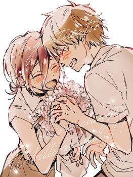 1boy 1girl 59_(seventhstar) black_choker blonde_hair blush bouquet chainsaw_man choker closed_eyes collared_shirt commentary_request congratulations couple denji_(chainsaw_man) flower grenade_pin grin hair_between_eyes hair_bun hetero highres holding holding_bouquet holding_hands interlocked_fingers lower_teeth_only open_mouth purple_hair reze_(chainsaw_man) sharp_teeth shirt short_hair short_sleeves sleeveless sleeveless_shirt smile teeth updo upper_body white_background white_shirt