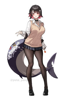 1girl absurdres alternate_costume black_hair black_pantyhose black_shoes breasts brown_sweater_vest candy colored_inner_hair commentary_request ellen_joe fins fish_tail food full_body gyaru_v highres holding holding_candy holding_food holding_lollipop large_breasts loafers lollipop looking_at_viewer multicolored_hair pantyhose pleated_skirt red_hair school_uniform shark_girl shark_tail shirt shoes short_hair simple_background skirt solo standing sweater_vest tail thighs twitter_username v white_background white_shirt yuna_(deadawon) zenless_zone_zero