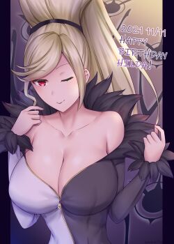 1girl ;) absurdly_long_hair bare_shoulders blonde_hair breasts cleavage dated dress fur_trim happy_birthday high_ponytail highres hilda_(under_night_in-birth) large_breasts long_hair looking_at_viewer multicolored_dress off-shoulder_dress off_shoulder one_eye_closed ponytail red_eyes smile solo soukitsu swept_bangs two-tone_dress under_night_in-birth very_long_hair zipper