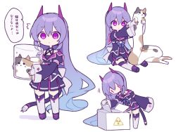 Rule 34 | 1girl, ^^^, animal, black footwear, black jacket, blue hair, boots, box, cat, chibi, closed mouth, cross-laced footwear, gloves, gradient hair, hair between eyes, hijiri (resetter), holding, holding animal, horns, jacket, juliet sleeves, lace-up boots, long sleeves, multicolored hair, multiple views, off shoulder, original, puffy sleeves, purple eyes, purple hair, radiation symbol, simple background, sitting, sleeves past wrists, standing, tail, thighhighs, thighhighs under boots, translation request, white background, white gloves, white thighhighs, wide sleeves, | |