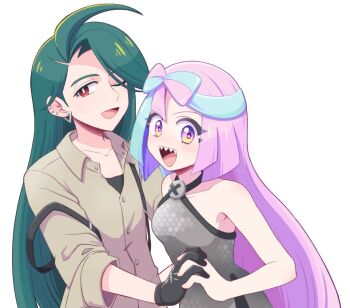 2girls ahoge androgynous asymmetrical_bangs black_gloves blue_hair bow-shaped_hair breasts bright_pupils collared_shirt commentary criss-cross_halter ear_piercing earrings gloves green_hair hair_down halter_shirt halterneck hexagon_print iono_(pokemon) jewelry long_hair mana_(tsurubeji) multicolored_hair multiple_girls nintendo no_jacket one_eye_closed open_mouth piercing pink_hair pokemon pokemon_scarlet_and_violet red_eyes reverse_trap rika_(pokemon) sharp_teeth shirt smile split-color_hair suspenders teeth triangle_earrings untranslatable_commentary white_pupils x_(symbol)