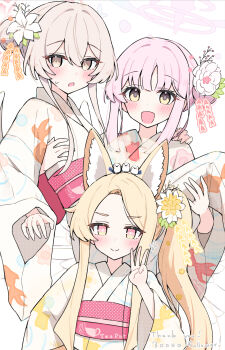 Rule 34 | 3girls, alternate costume, alternate hairstyle, animal, animal ear fluff, animal ears, animal on head, bird, bird on head, blue archive, blush, carrying, closed mouth, floral print, floral print kimono, flower, forehead, fox ears, fox girl, hair bun, hair flower, hair ornament, highres, japanese clothes, kimono, long hair, mika (blue archive), multiple girls, nagisa (blue archive), obi, on head, open mouth, pink eyes, pink hair, pink sash, princess carry, print kimono, sash, sateto (user knrf2332), seia (blue archive), side ponytail, sidelocks, smile, sweat, tea party (blue archive), w, white flower, white kimono, yellow eyes