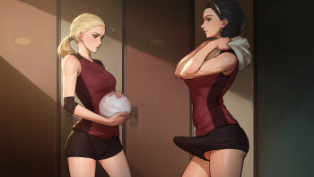 1futa 1girl absurdres ball black_hair black_shorts blue_eyes borrowed_character breasts bulge elbow_pads erection erection_under_clothes futa_with_female futanari green_eyes hairband highres large_breasts large_penis locker locker_room long_hair looking_at_penis medium_breasts multiple_girls penis short_hair short_shorts shorts sleeveless sportswear tarakanovich towel towel_around_neck volleyball_(object) volleyball_uniform you_gonna_get_raped