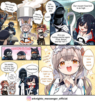 1other 2boys 4girls alanna_(arknights) animal_ears arknights blush bowl chibi closed_eyes closure_(arknights) cooking_pot doctor_(arknights) english_text goggles goggles_on_head headpat highres hm_(hmongt) holding holding_bowl holding_cooking_pot holding_spoon multiple_boys multiple_girls pointy_ears rabbit_ears rabbit_girl reserve_operator_caster_(arknights) reserve_operator_vanguard_(arknights) reserve_operator_sniper_(arknights) spoon warmy_(arknights)