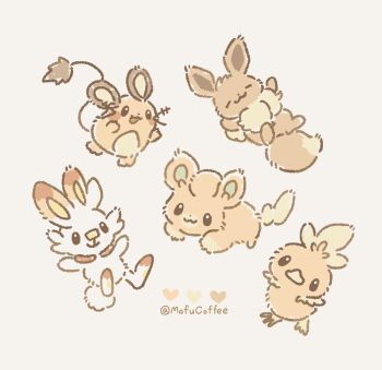 Rule 34 | :3, :d, baby animal, bird, chick, closed eyes, closed mouth, commentary request, dedenne, eevee, gen 1 pokemon, gen 3 pokemon, gen 6 pokemon, gen 8 pokemon, heart, highres, mofucoffee, nintendo, no humans, open mouth, pawmi, pokemon, pokemon (creature), pokemon focus, rabbit, scorbunny, simple background, smile, torchic, twitter username