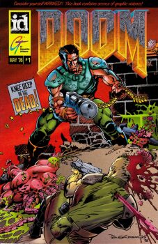 1996 1boy ammunition_belt armor baron_of_hell blood blood_splatter boots brain brick_wall bullet_hole casing_ejection chain_gun closed_mouth colored_skin combat_boots company_logo company_name copyright_name corpse cover cover_page cyberdemon demon demon_horns doom_(comic) doom_(series) doom_i doomguy english_text exploded_head explosive exposed_brain eyeball full_body gatling_gun green_armor green_blood green_pants grenade gun guro highres holding holding_gun holding_weapon horns id_software injury intestines male_focus minigun muscular muscular_male official_art organs pants pouch red_skin scowl shell_casing short_hair signature standing tom_grindberg very_short_hair weapon zombieman_(doom)