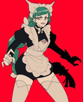 1girl 2025 apron aqua_eyes artist_name bad_id bad_twitter_id black_romper bow bowtie breasts collarbone cowboy_shot ear_piercing green_hair grin hair_bow highres lebanne_(pokemon) legs_apart long_hair long_sleeves maid maid_headdress nintendo piercing pink_lips pokemon pokemon_(creature) pokemon_legends:_z-a puffy_long_sleeves puffy_sleeves red_background romper sag927 serious shade simple_background small_breasts smile solo thighhighs v-shaped_eyebrows white_bow white_bowtie white_thighhighs yellow_eyes