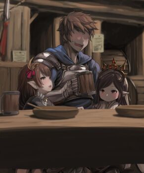 1boy 2girls absurdres arulumaya blush brown_hair commission gran_(granblue_fantasy) granblue_fantasy haaselia harvin hetero highres implied_handjob long_hair mole mole_under_eye multiple_girls open_mouth pointy_ears sitting skeb_commission smile table tavern tiara wavy_mouth zanzi