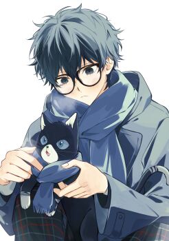 Rule 34 | 1boy, absurdres, amamiya ren, black eyes, black hair, blue eyes, closed mouth, coat, curly hair, fingernails, glasses, hair between eyes, highres, looking down, male focus, mnce o, morgana (cat) (persona 5), morgana (persona 5), persona, persona 5, scarf, short hair, simple background, solo, tuxedo cat, upper body, white background, winter clothes